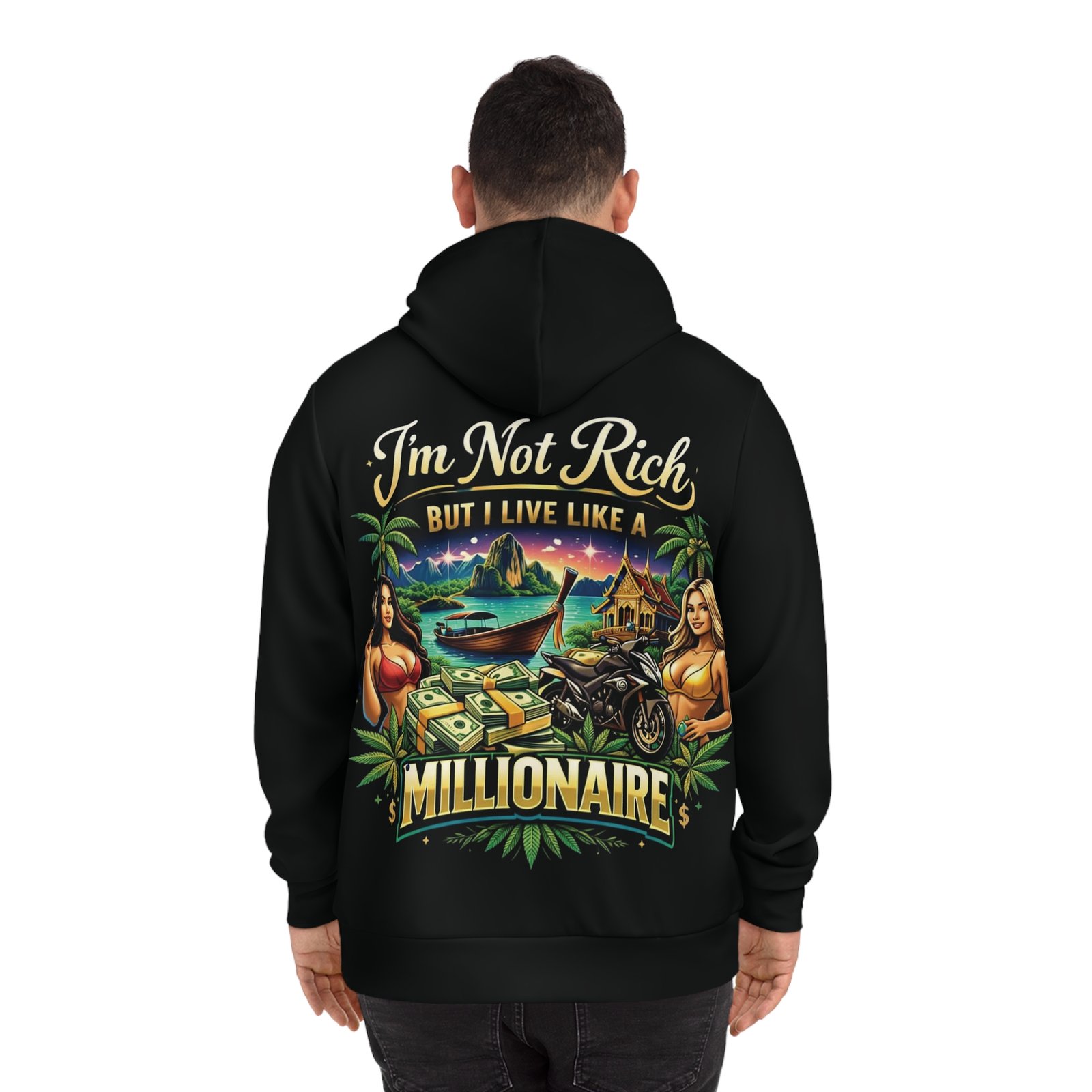 Rolling Hoodie — "I’m Not Rich But I Live Like a Millionaire" Graphic Pullover - Image 4